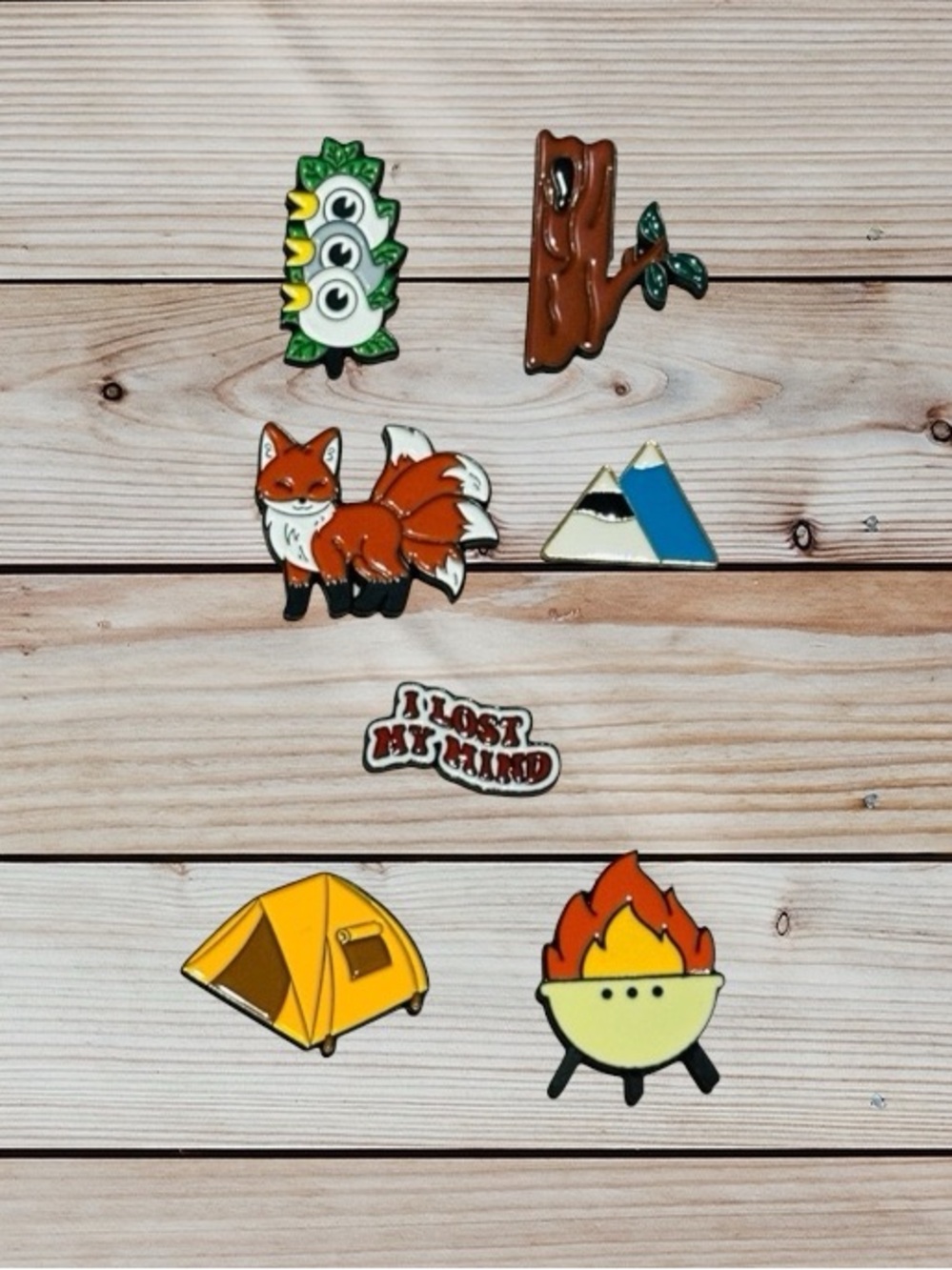 7pc Enamel Pin Bundle | Kitsune Fox, Camping, Mountains & Outdoors